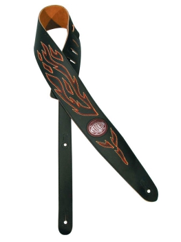 Gitarrengurt Gaucho GST-550 BK Ledergurt –Schwarz mit gestickten Flammen