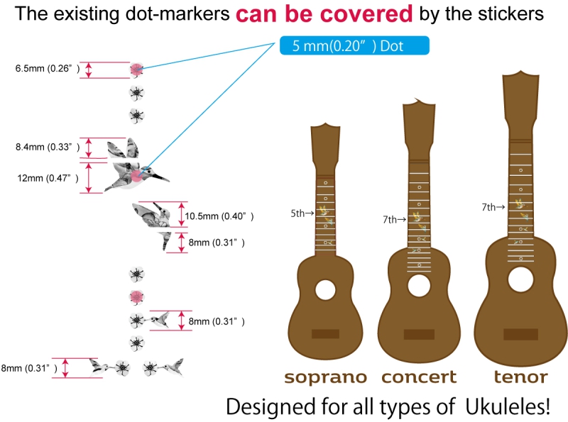 UKF-327BH Inlay Stickers, Bee Hummingbirds - Fret Markers for Ukuleles